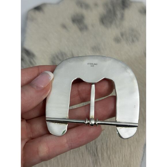 Native American Sterling Silver White Buffalo Belt Buckle Statement Hand Stamped